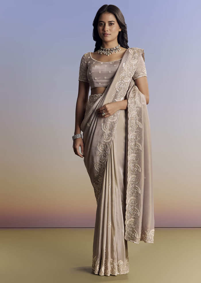 Silver Tissue Saree With Embroidered Scallop Border And Sequin Moti Work