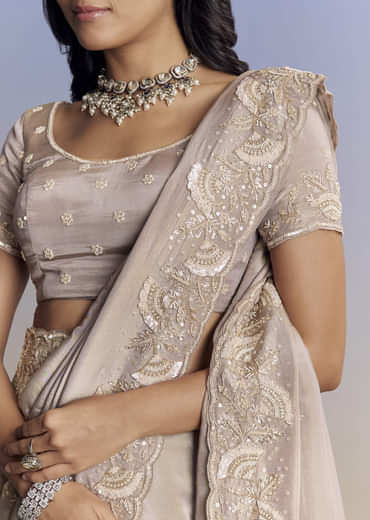 Silver Tissue Saree With Embroidered Scallop Border And Sequin Moti Work