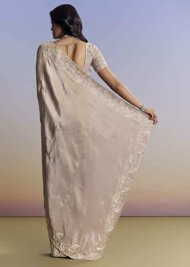 Silver Tissue Saree With Embroidered Scallop Border And Sequin Moti Work