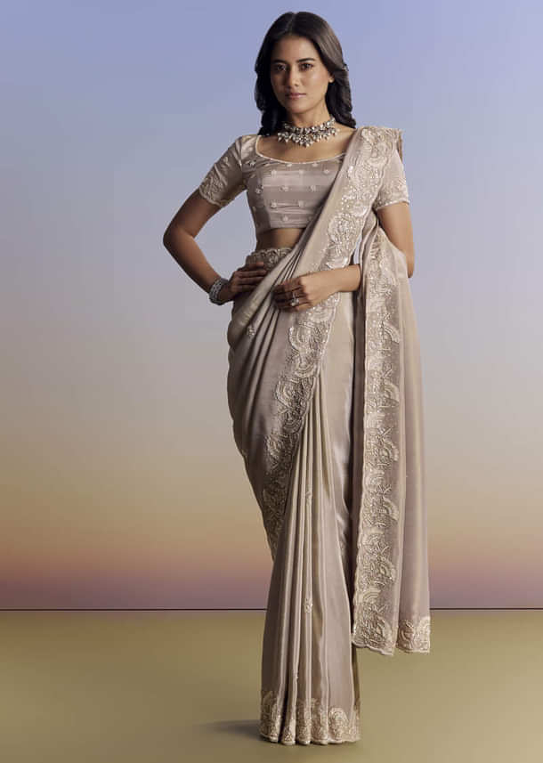 Silver Tissue Saree With Embroidered Scallop Border And Sequin Moti Work