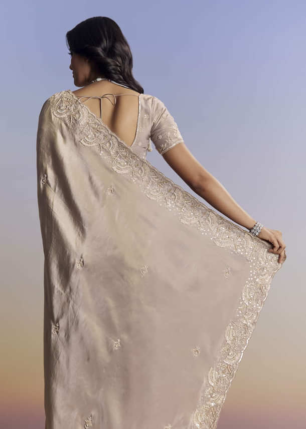 Silver Tissue Saree With Embroidered Scallop Border And Sequin Moti Work