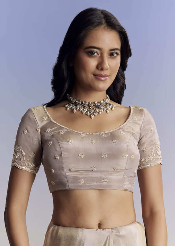 Silver Tissue Saree With Embroidered Scallop Border And Sequin Moti Work