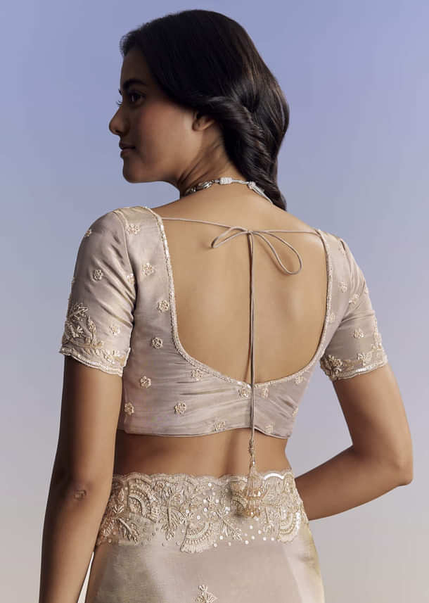 Silver Tissue Saree With Embroidered Scallop Border And Sequin Moti Work