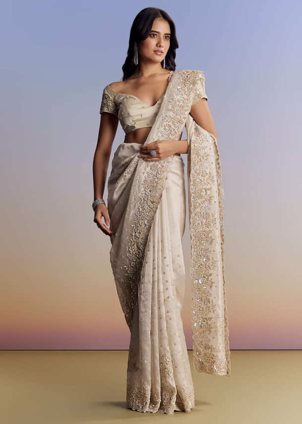 Silver Tissue Saree With Floral Cut Dana Embroidery