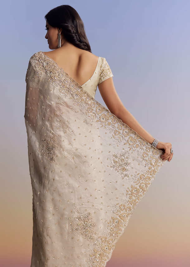 Silver Tissue Saree With Floral Cut Dana Embroidery