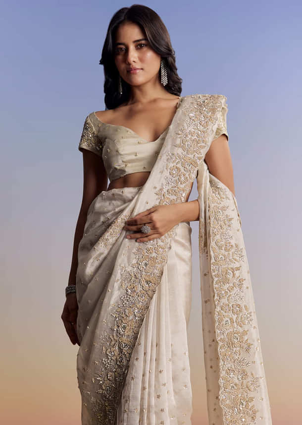 Silver Tissue Saree With Floral Cut Dana Embroidery