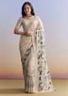 Silver Tissue Saree With Intricate Resham Motifs And Beaded Border Embroidery