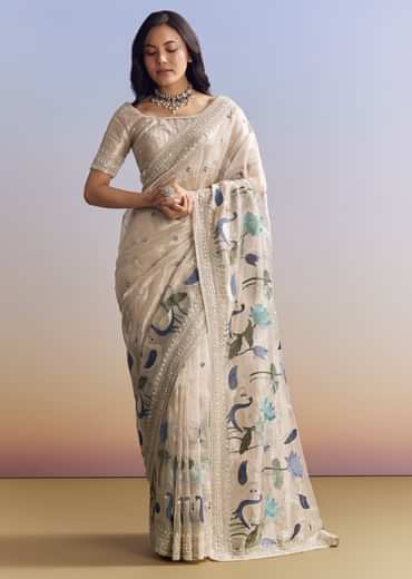 Silver Tissue Saree With Intricate Resham Motifs And Beaded Border Embroidery