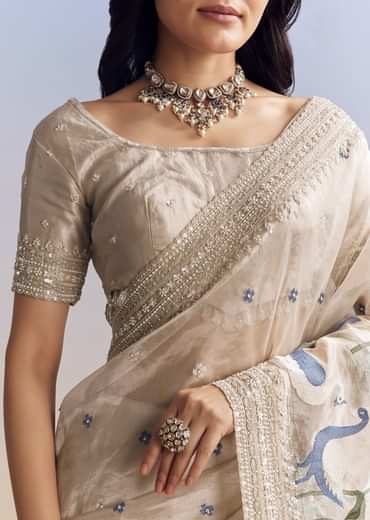 Silver Tissue Saree With Intricate Resham Motifs And Beaded Border Embroidery