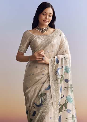 Silver Tissue Saree With Intricate Resham Motifs And Beaded Border Embroidery