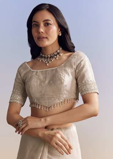 Silver Tissue Saree With Intricate Resham Motifs And Beaded Border Embroidery