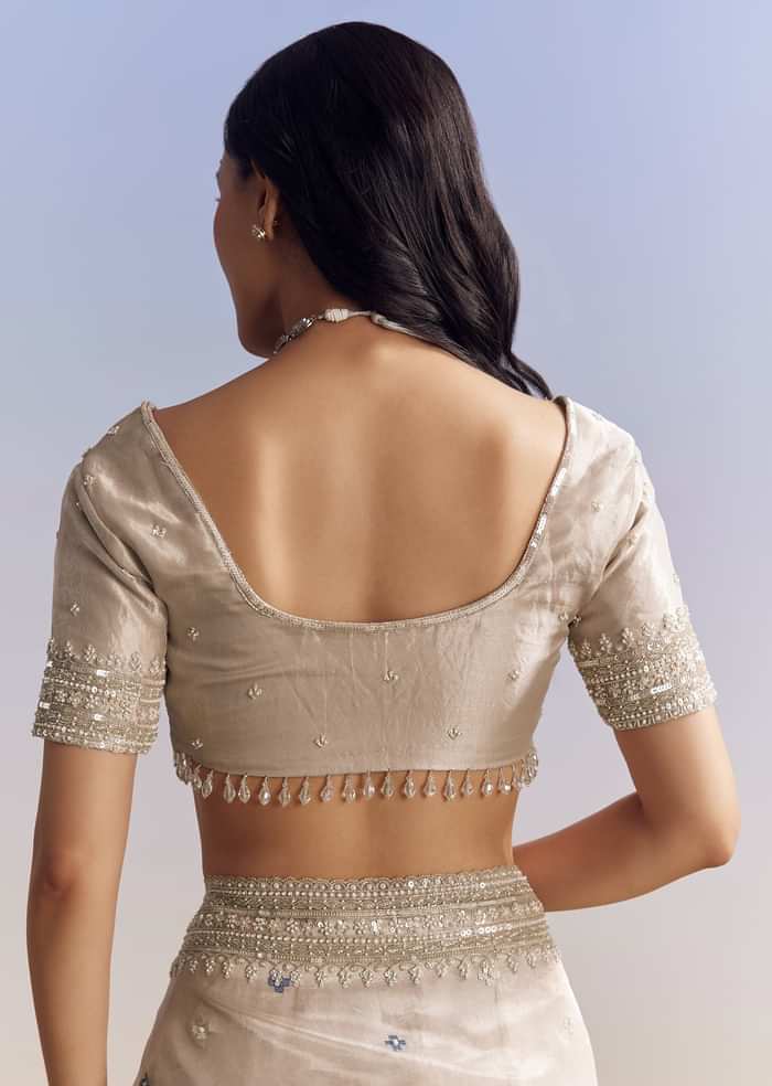 Silver Tissue Saree With Intricate Resham Motifs And Beaded Border Embroidery