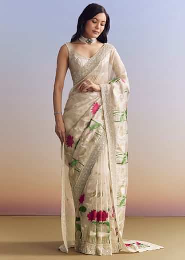 Silver Tissue Saree With Intricate Resham Work And Embroidered Border