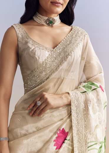 Silver Tissue Saree With Intricate Resham Work And Embroidered Border