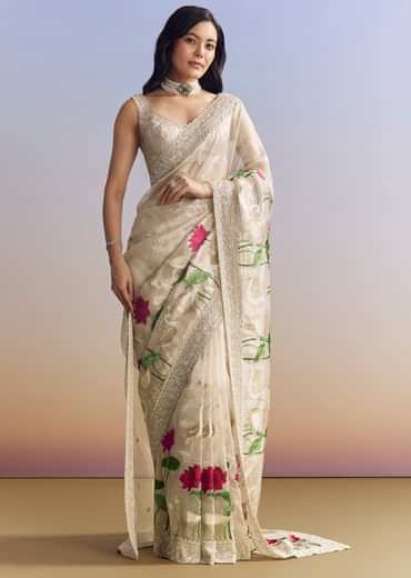 Silver Tissue Saree With Intricate Resham Work And Embroidered Border