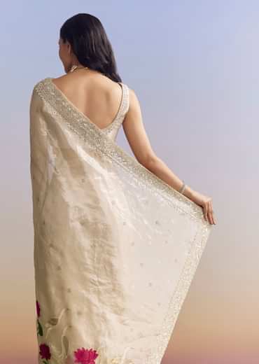 Silver Tissue Saree With Intricate Resham Work And Embroidered Border