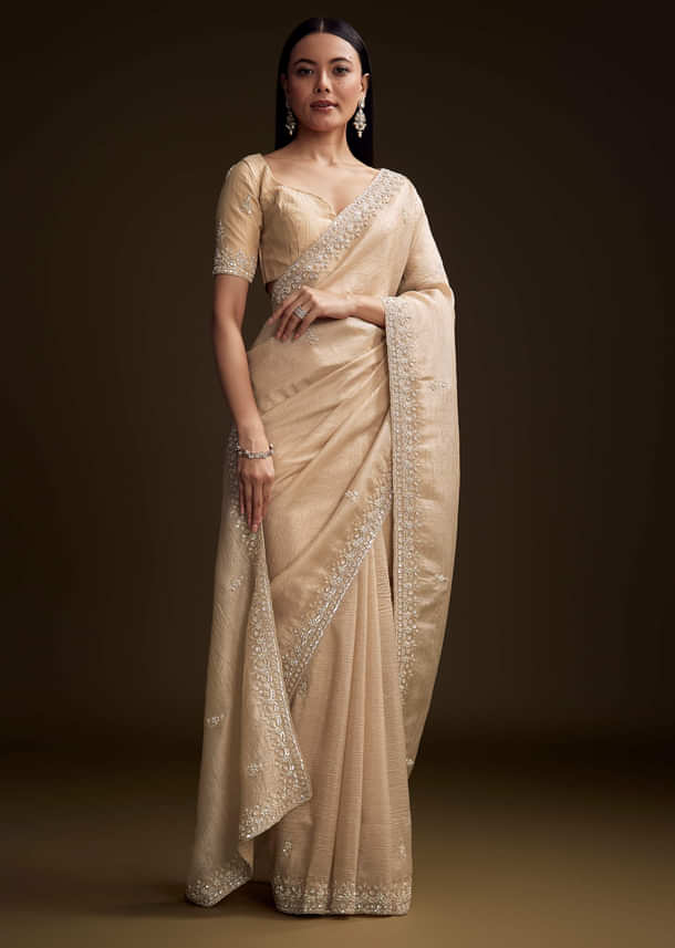 Silver Tissue Saree With Sequin And Stone Embroidery Silver Tissue Saree With Sequin And Stone Embroidery
