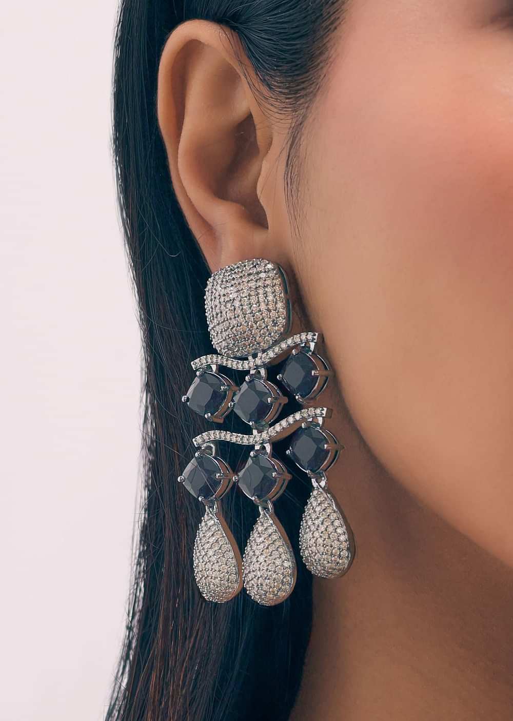 Silver And Black Finish Diamond Dangler Earrings In Mix Metal