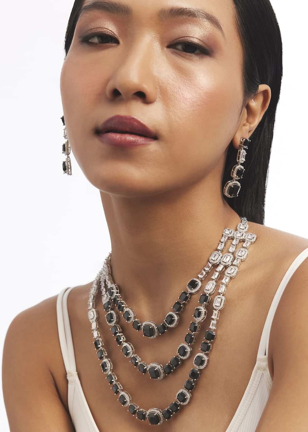 Silver And Black Stone Studded Layered Necklace Set
