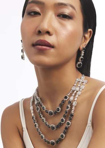 Silver And Black Stone Studded Layered Necklace Set