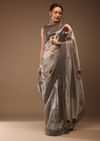 Silver And Cedar Brown Saree In Tissue Organza With Multi Colored Sequins Embroidered Motifs
