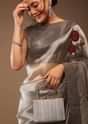 Silver And Cedar Brown Saree In Tissue Organza With Multi Colored Sequins Embroidered Motifs