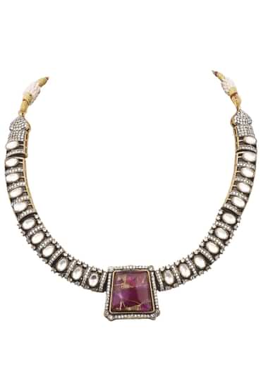 Silver And Pink Kundan Necklace Set With Stones