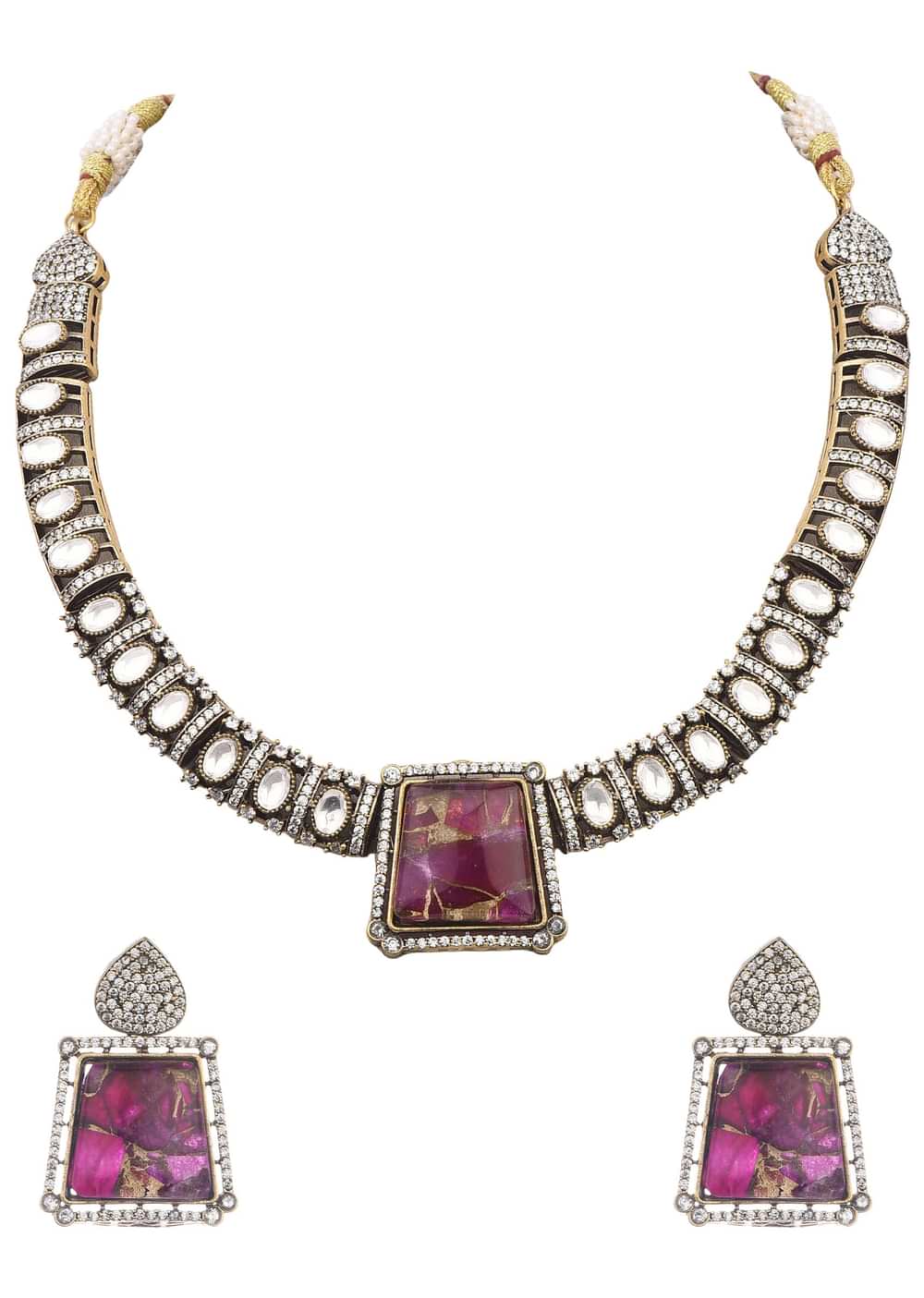 Silver And Pink Kundan Necklace Set With Stones