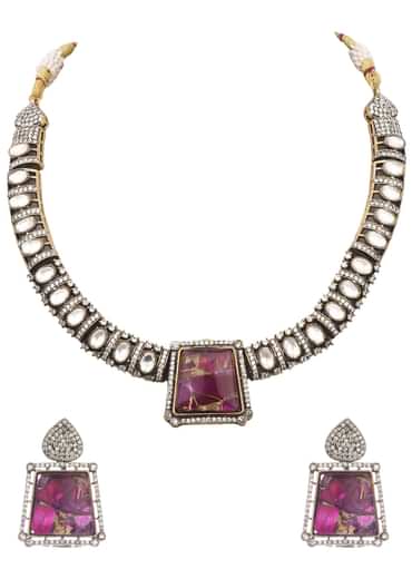Silver And Pink Kundan Necklace Set With Stones