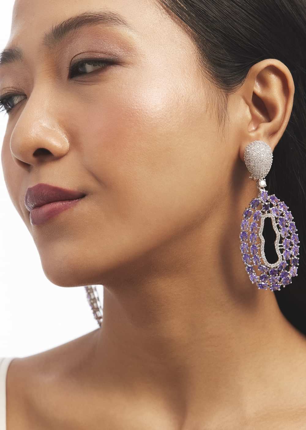 Silver And Purple Embellished Statement Drop Earrings