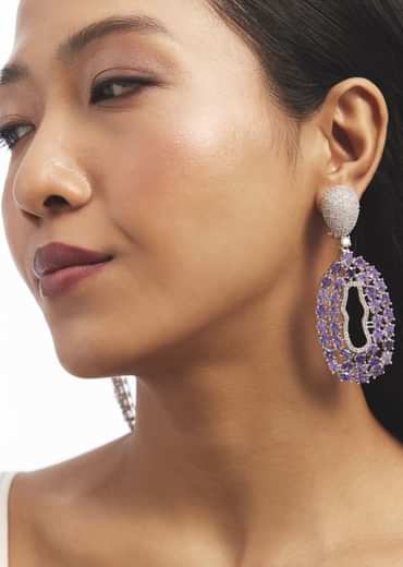 Silver And Purple Embellished Statement Drop Earrings