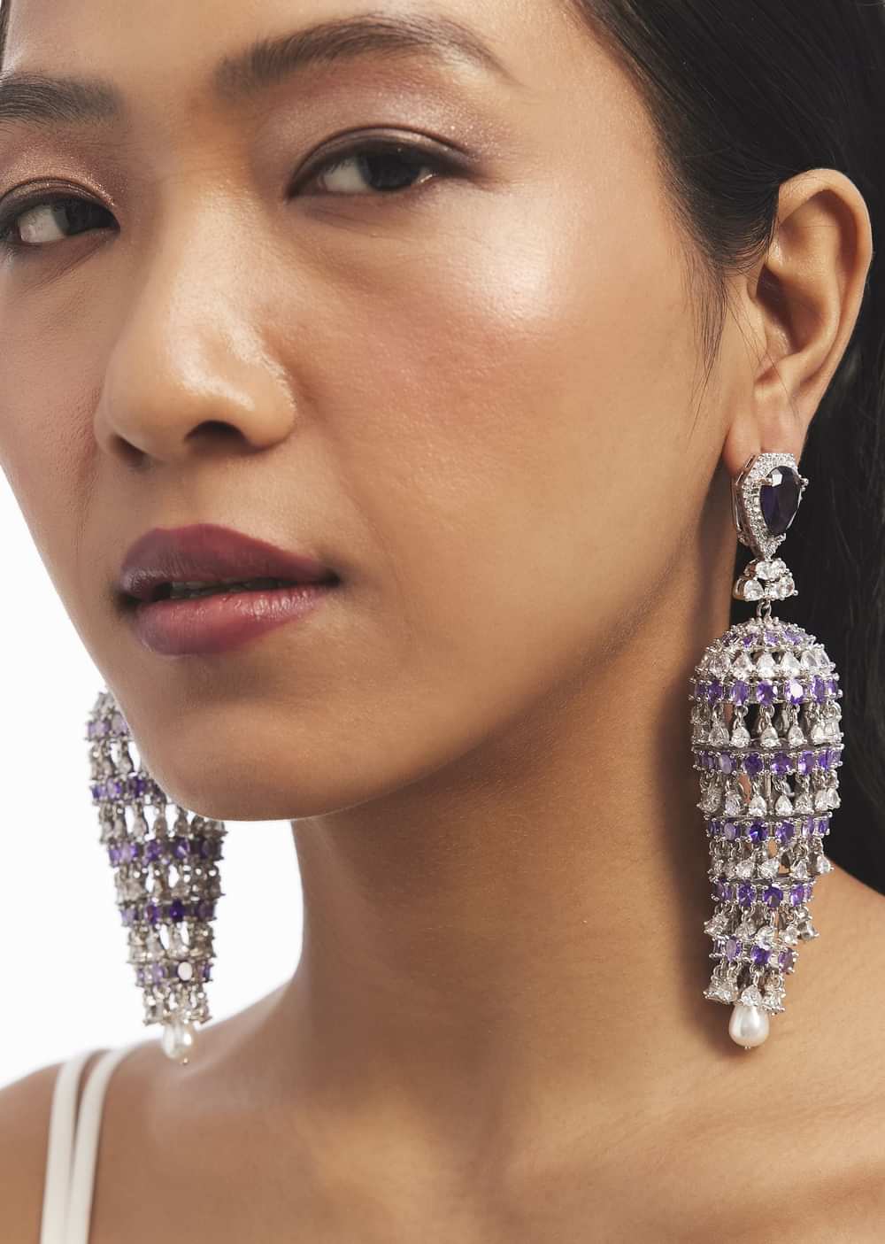 Silver And Purple Stone Embellished Jhumka Earrings