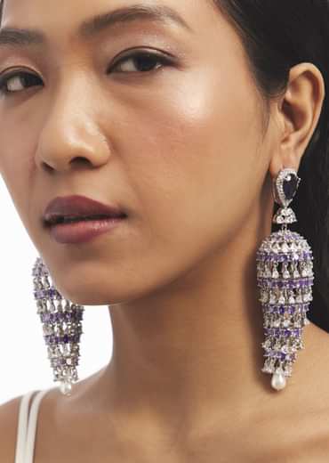 Silver And Purple Stone Embellished Jhumka Earrings
