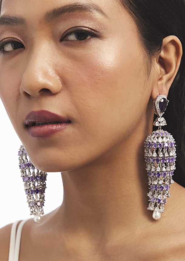 Silver And Purple Stone Embellished Jhumka Earrings