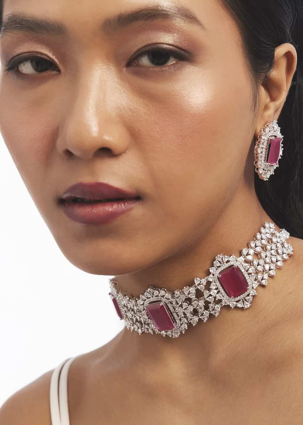 Silver And Ruby Red Stone Studded Choker Set