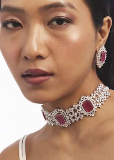 Silver And Ruby Red Stone Studded Choker Set