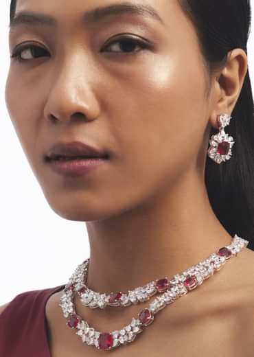 Silver And Ruby Zircon Layered Necklace And Earrings Set