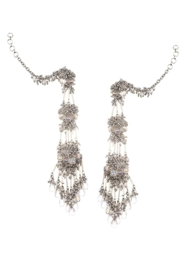 Silver And White Handcrafted Dangler Earrings In Mix Metal