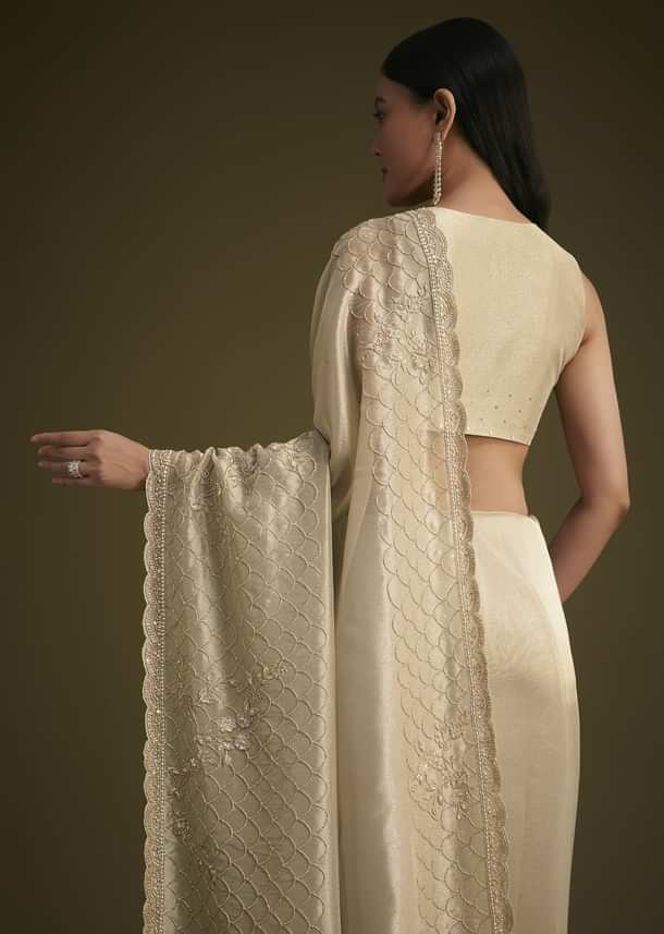 Silver Beige Tissue Sequins Saree With Cutdana Detailing