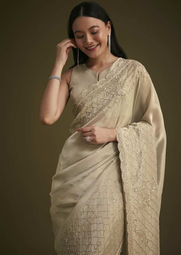 Silver Beige Tissue Sequins Saree With Cutdana Detailing