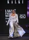 Silver Brocade Floral Embroidered Jacket With Drape Skirt Suit