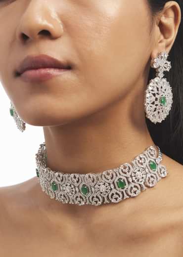 Silver Choker And Earrings Set With Green Accents