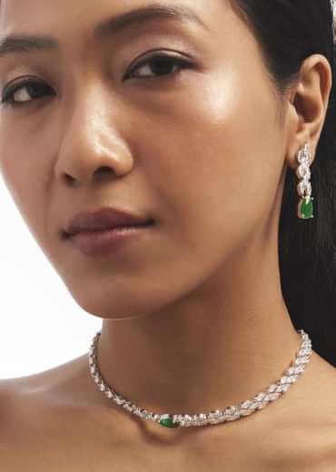 Silver Choker And Earrings Set With Green Drops
