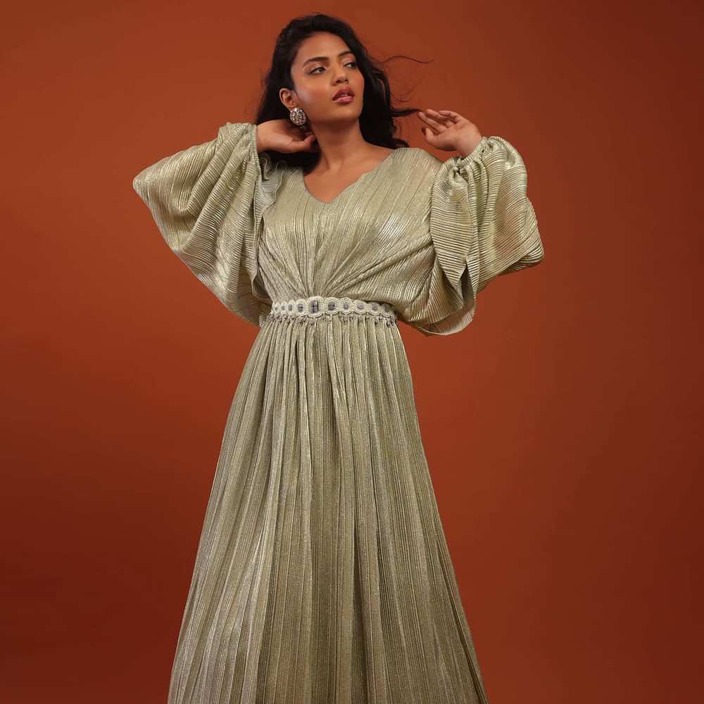 Silver Crushed Kaftan Gown With An Embellished Waistbelt