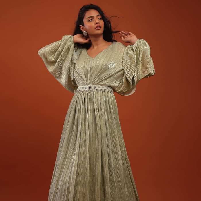 Silver Crushed Kaftan Gown With An Embellished Waistbelt