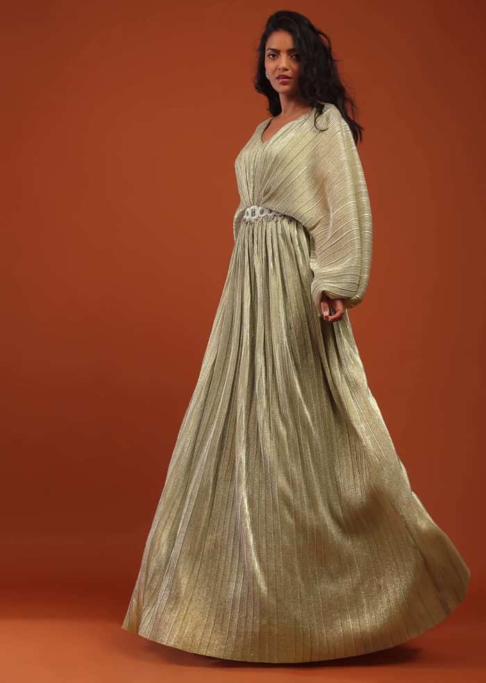 Silver Crushed Kaftan Gown With An Embellished Waistbelt