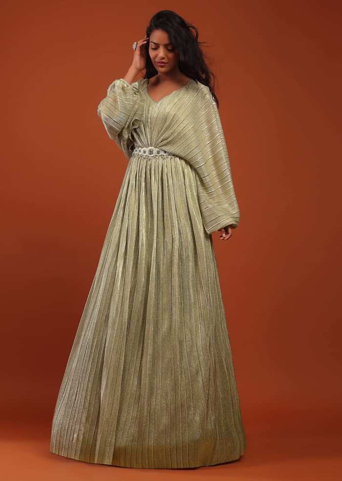 Silver Crushed Kaftan Gown With An Embellished Waistbelt