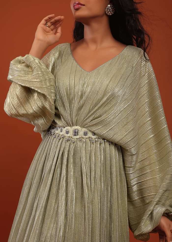 Silver Crushed Kaftan Gown With An Embellished Waistbelt