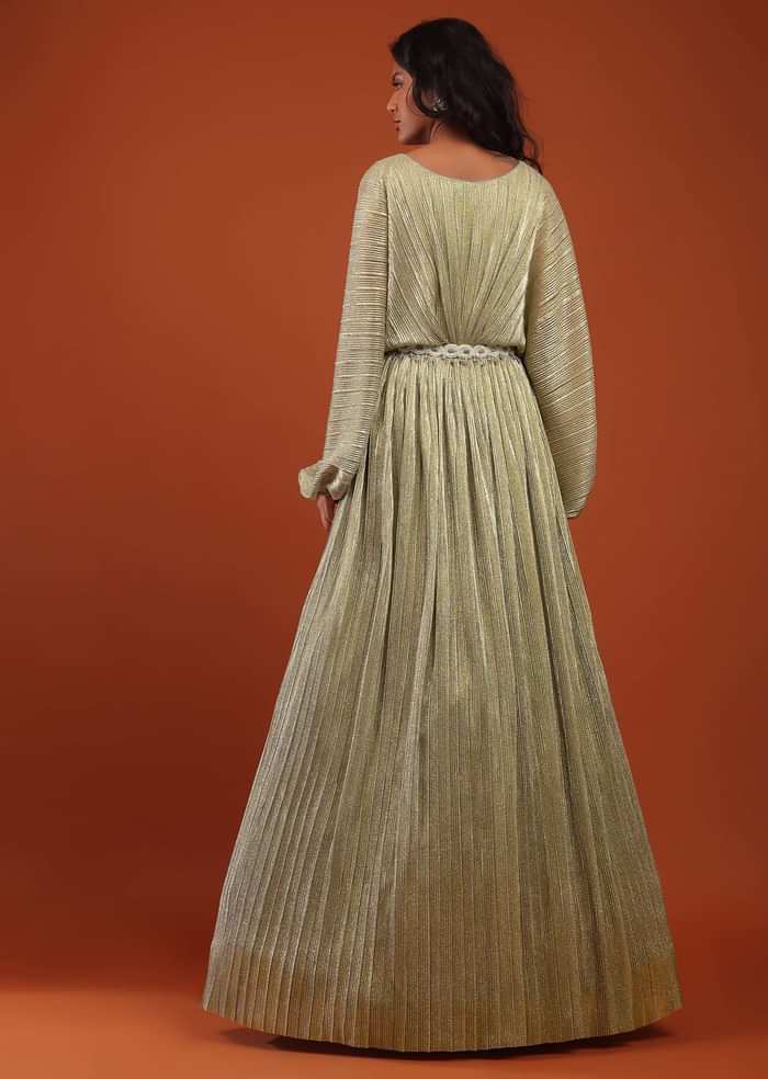 Silver Crushed Kaftan Gown With An Embellished Waistbelt