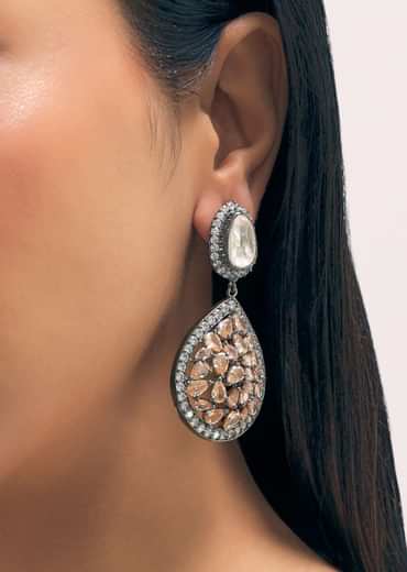 Silver Diamond Dangler Earrings With Champagne Stones In Mix Metal